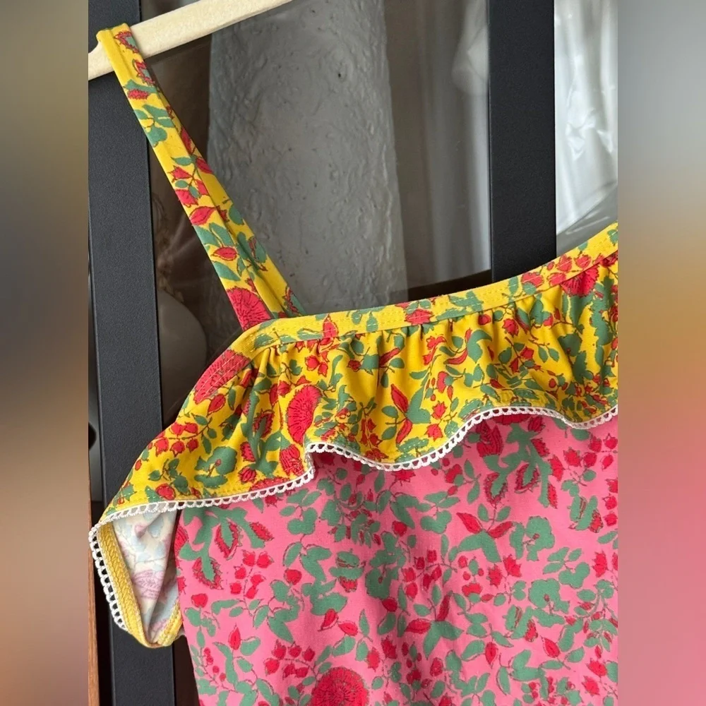 Roller Rabbit girls one piece swimsuit floral ruffle one shoulder block print